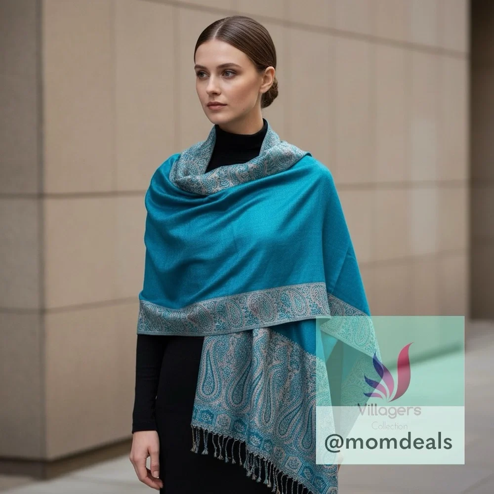 Elegant Large Shawl Wrap Double-sided Super Soft Quality Rayon Silver Aquamarine